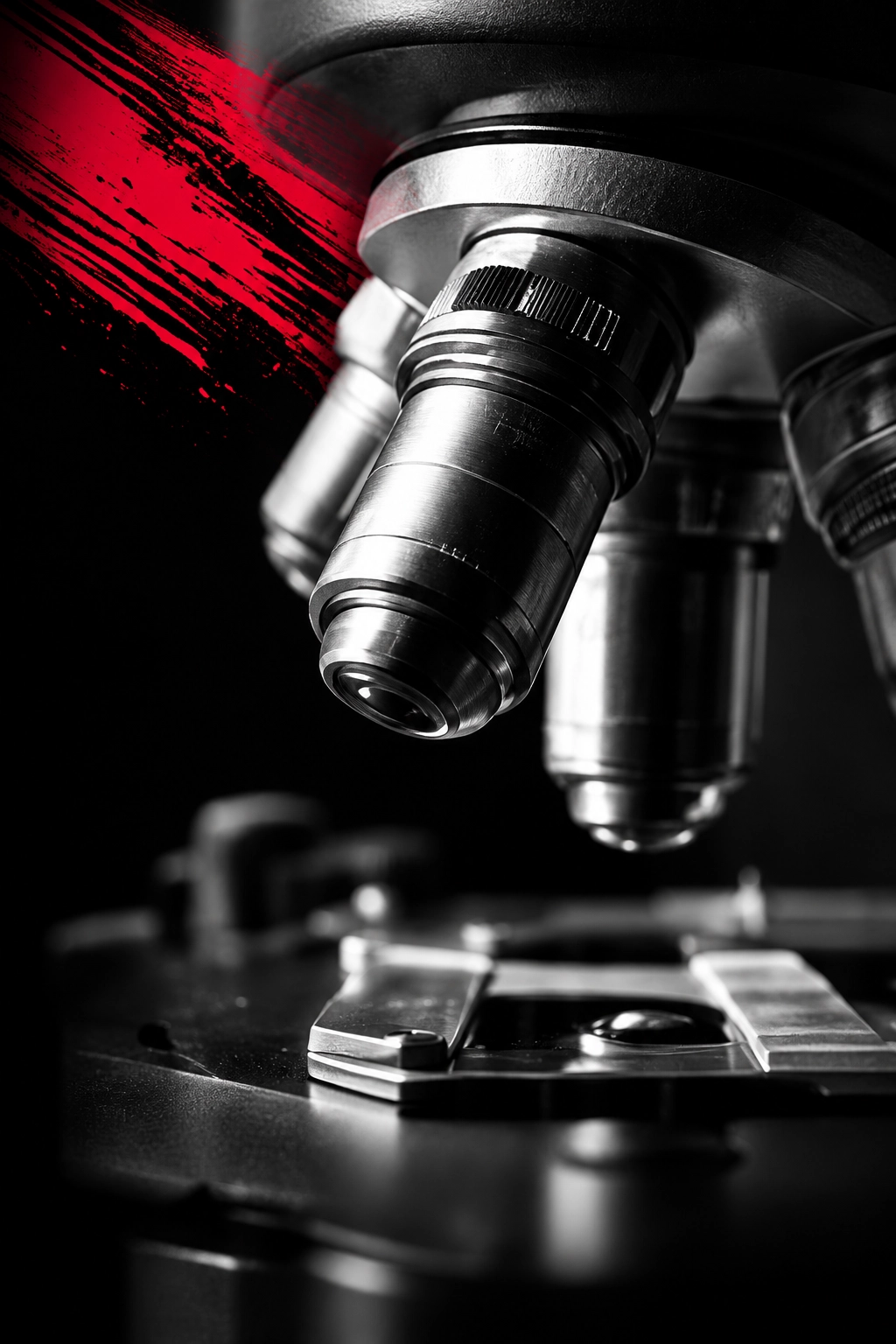 Detail laboratórneho mikroskopu s červeným grafickým akcentom